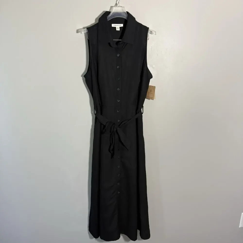 Coldwater Creek Black Linen Maxi Dress Button Front Collared Belt 14 A-line NEW - Picture 2 of 7